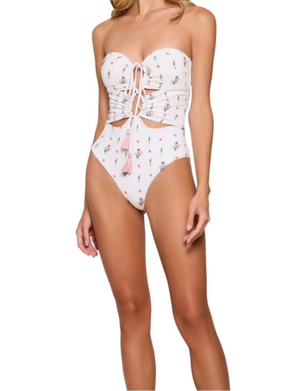 Made in Columbia White Floral Lace-Up One-Piece Swimsuit NWT